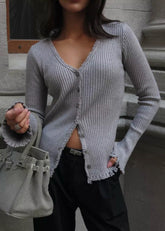 Frayed Ribbed Knit Button-Up Cardigan