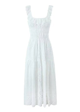 Fiorella Embroidered Maxi Dress Eyelet Cotton Dress with Open Back & Ruffle Straps