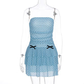 European and American style temperament skirt, fashionable bandeau waist, slimming spotted mesh bow decoration hip-hugging dress