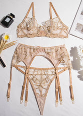 Golden Lace Three-Piece Lingerie Set Sheer Bra, Garter & Thong