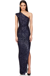 Elegant Padded One Shoulder Split Sequin Evening Maxi Dress - Blue