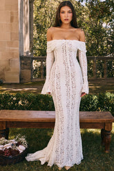 Elegant Tie Front Off Shoulder Bell Sleeve Lace Fishtail Evening Maxi Dress