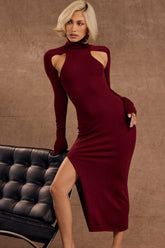 Feminine High Neck Long Sleeve Cutout Split Bodycon Cocktail Party Midi Dress