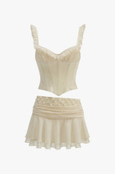 Feminine Ruffle Lace Up Corset Rosette Draped Skirt Two Piece Mini Dress