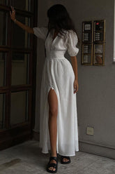 French Deep V Neck Puff Sleeve Button Up Crinkled Slit Vacation Midi Dress