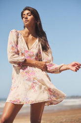 French Floral Print Tie Neck Balloon Sleeve Babydoll Beach Vacation Mini Dress