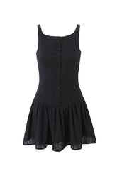 French Style Embroidered Boat Neck Button Up Drop Waist Party Mini Sundress