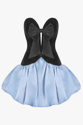 Glossy Bow Plunge Bandeau Velvet Satin Bubble Mini Party Dress