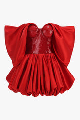 Glossy Satin Draped Off Shoulder Sequin Corset Bubble Party Mini Dress