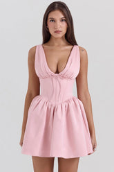 Bow Deep V Neck Sleeveless Corset Gathered Satin Party Mini Dress