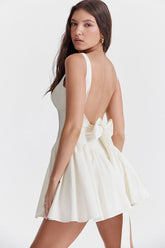 Bow Tie Backless Ruched Fit & Flare Summer Mini Sundress - White