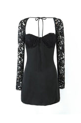 Bow Tie Bustier Lace Sleeve Smocked Lace Up Satin Party Mini Dress