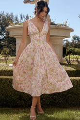 Bow Tie Deep V Ruched Drop Waist Pocket Corset Floral Midi Sundress - Pink