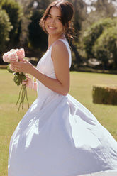 Bow Tie Deep V Ruched Drop Waist Pocket Corset Midi Sundress - White
