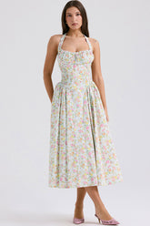 Bow Tie Halter Neck Pocket Smocked Summer Floral Midi Sundress - Green