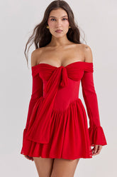 Bow Tie Off Shoulder Long Sleeve Drop Waist Mesh Panel Party Mini Dress - Red