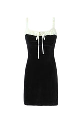 Bow Tie Suspender Strap Contrast Velvet Bodycon Party Mini Dress