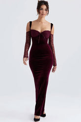 Bow Tie Sweetheart Cutout Shoulder Velvet Evening Maxi Dress - Burgundy