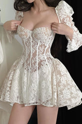 Bustier Puff Sleeve Floral Lace Ruffle Corset Party Mini Dress