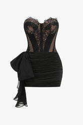 Bustier Strapless Lace Corset Bow Tie Ruched Bodycon Party Mini Dress
