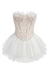 Bustier Strapless Laced Corset Tiered Ruffle Tulle Party Micro Mini Dress