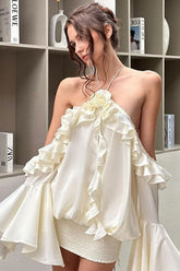 Cold Shoulder Flutter Sleeve Draped Ruffle Rosette Party Mini Dress