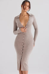 Collared Button Down Long Sleeve Bodycon Rib Knit Sweater Midi Dress - Camel