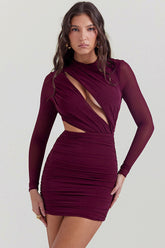 Crew Neck Cutout Long Sleeve Ruched Party Mini Dress - Burgundy