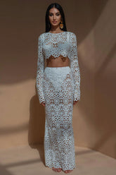 Crochet Lace Floral Long Sleeve Button Up Crop Two Piece Maxi Dress