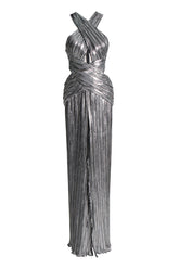 Crossover Neck Cut Out Metallic Pleated Split Evening Maxi Dress