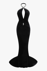 Crystal Braided Halter Cutout Ruched Backless Evening Maxi Dress