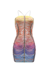 Crystal Embellished Wavy Print Bodycon Mesh Party Micro Mini Dress