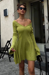 Deep V Neck Long Sleeve A Line Ribbed Knit Winter Party Mini Dress - Green