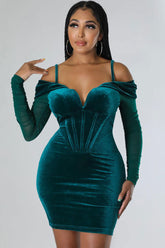 Deep V Sheer Sleeve Velvet Bodycon Corset Party Mini Dress - Emerald Green