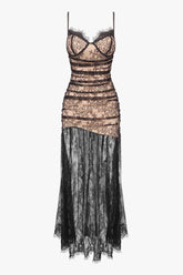 Eyelash Bustier Sleeveless Ruched Floral Lace Split Evening Maxi Dress