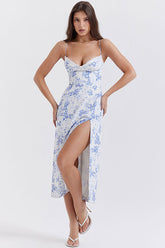 Eyelash Sweetheart Spaghetti Strap High Split Summer Floral Midi Sundress - Blue
