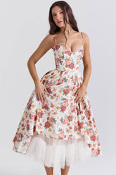Floral Corset Bustier Fit & Flare Tulle Pocket Vacation Midi Sundress
