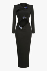 Floral Cutout Metallic Gem Long Sleeve Ribbed Evening Maxi Dress