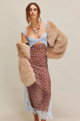 Floral Print Scalloped Lace Cap Sleeve Cutout Summer Slip Midi Dress