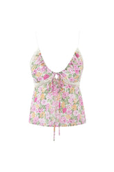 Floral Tie Front V Neck Spaghetti Strap Lace Trim Smocked Tank Top