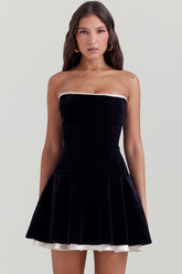 Frill Strapless Lace Up Satin Velvet Flared Corset Party Mini Dress - Black
