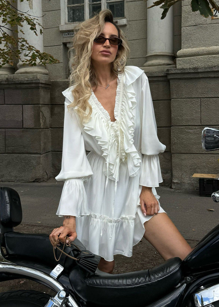 Ruffled Long-Sleeve Mini Dress Romantic Boho Charm