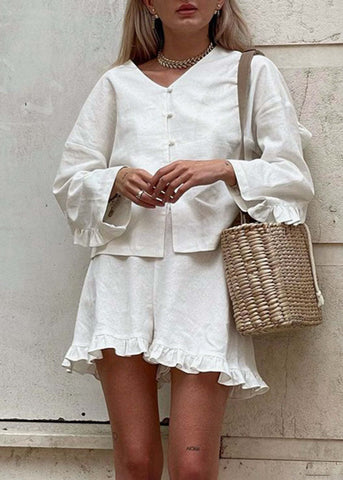 Linen Grace - Two-Piece Ruffle Trim Cotton-Linen Set