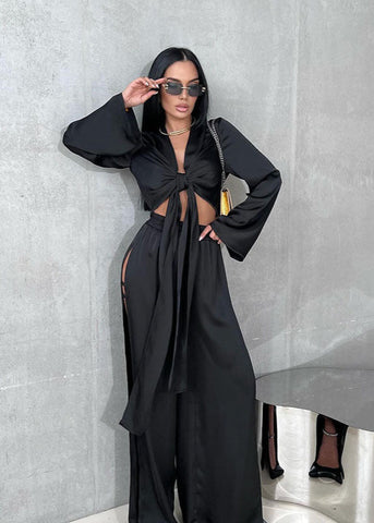 Noir Seduction - Satin Two-Piece Slit Set