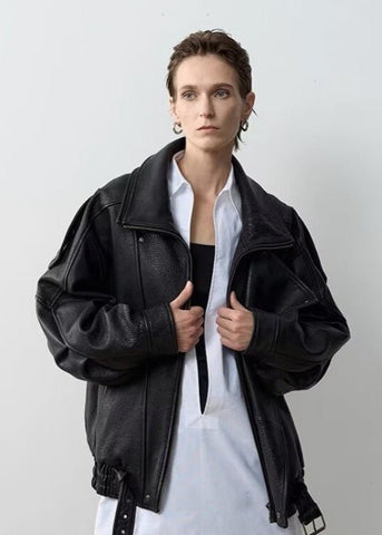 Oversized Leather Biker Jacket Vintage-InspiRed Statement