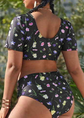 Floral Print High-Waisted Bikini Set with Crop Top