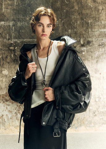 Oversized Leather Biker Jacket Vintage-InspiRed Statement