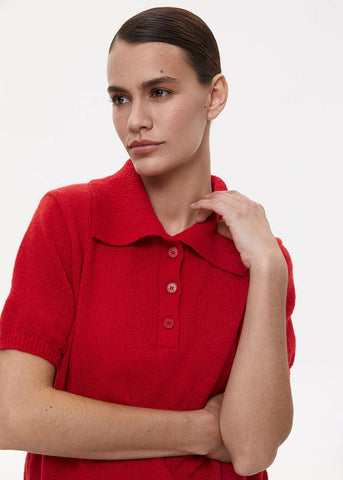 Riviera Knit Polo Shirt Bold Red Short Sleeve Button Top