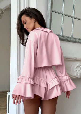 Ruffle Trim Long Sleeve Top and Shorts Set