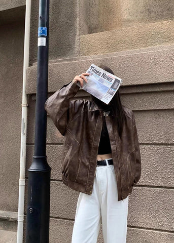 Nova Oversized Faux Leather Jacket Vintage Brown Streetwear Fit